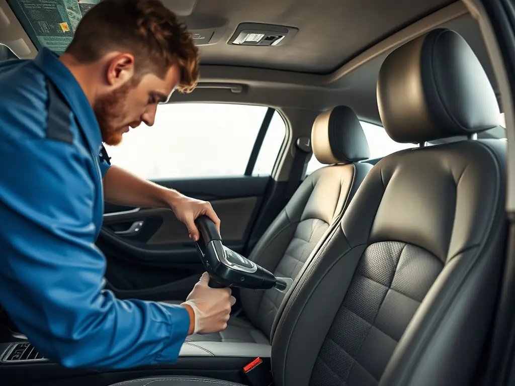 A close-up shot of a car interior being vacuumed, highlighting the cleanliness and attention to detail provided in the Clean Interior package.