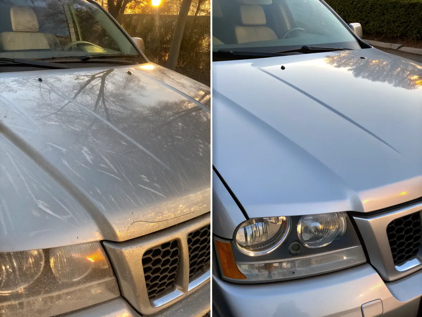 A before-and-after shot of a car's paint surface, demonstrating the gloss enhancement achieved through the Paint Gloss Boost package.