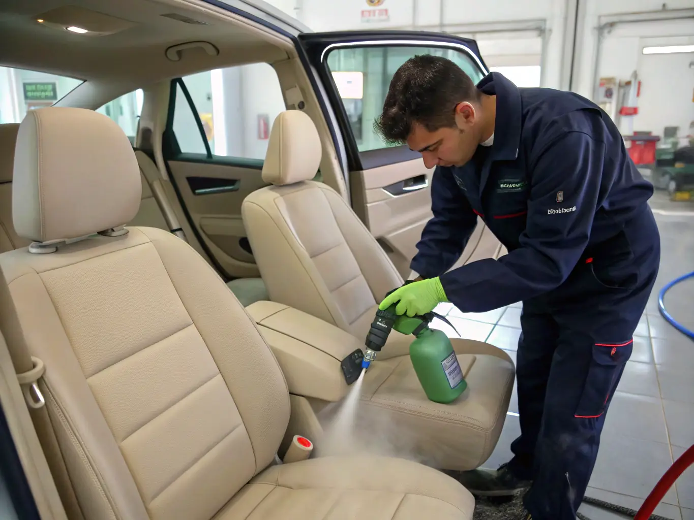 A detailed shot of a technician deep cleaning car seats and carpets, showcasing the Deep Clean Interior package.