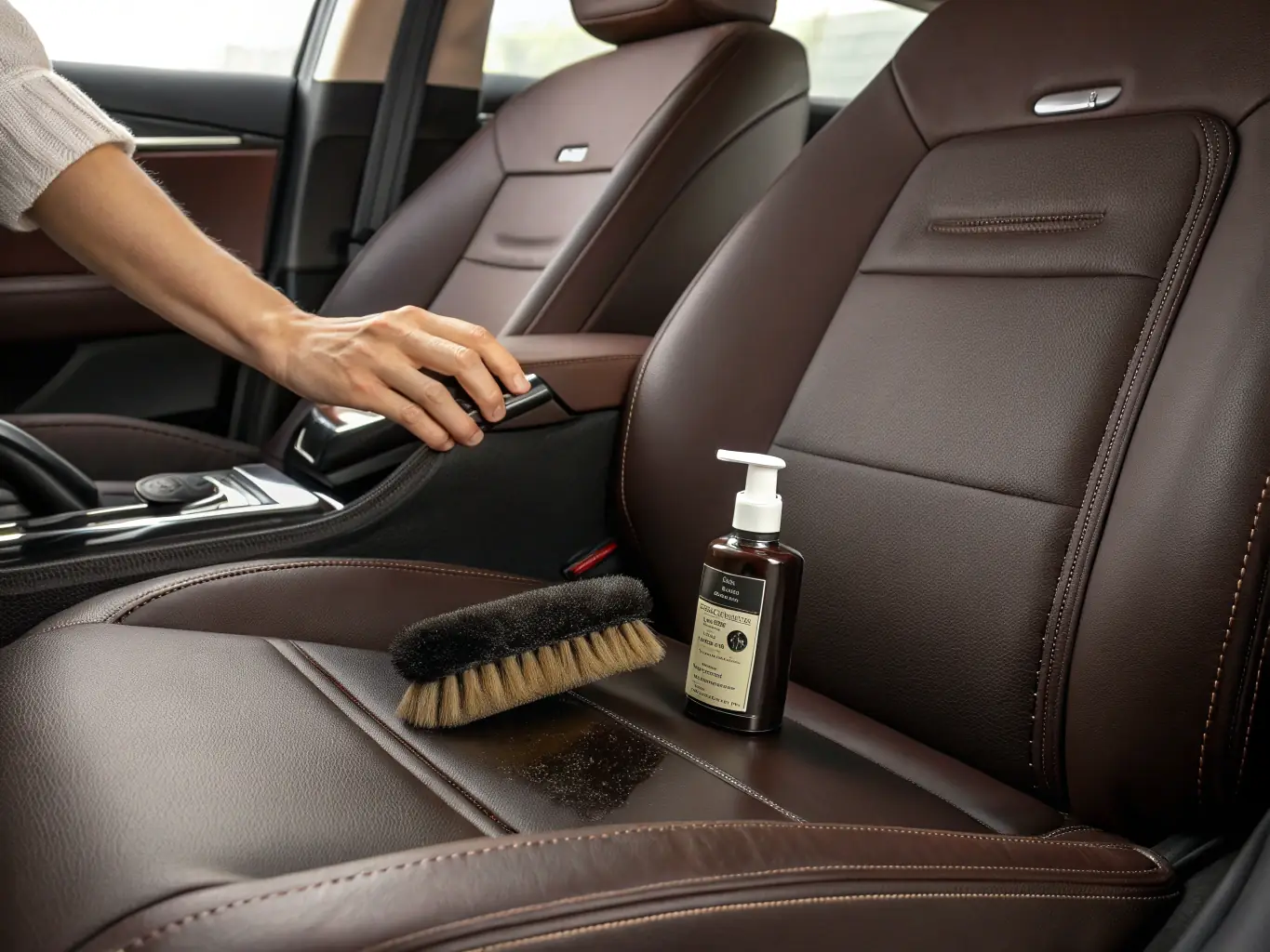 A detailed image of leather car seats being deep cleaned, showcasing the intensive cleaning process of the Deep Clean Interior package.