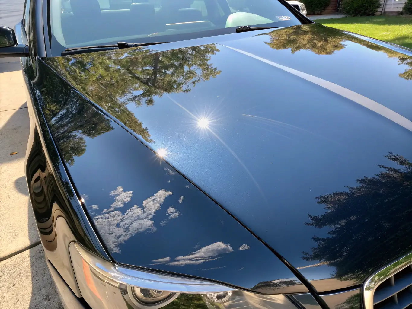 A close-up of a car's shiny, polished paint surface reflecting light, illustrating the Paint Gloss Boost package.